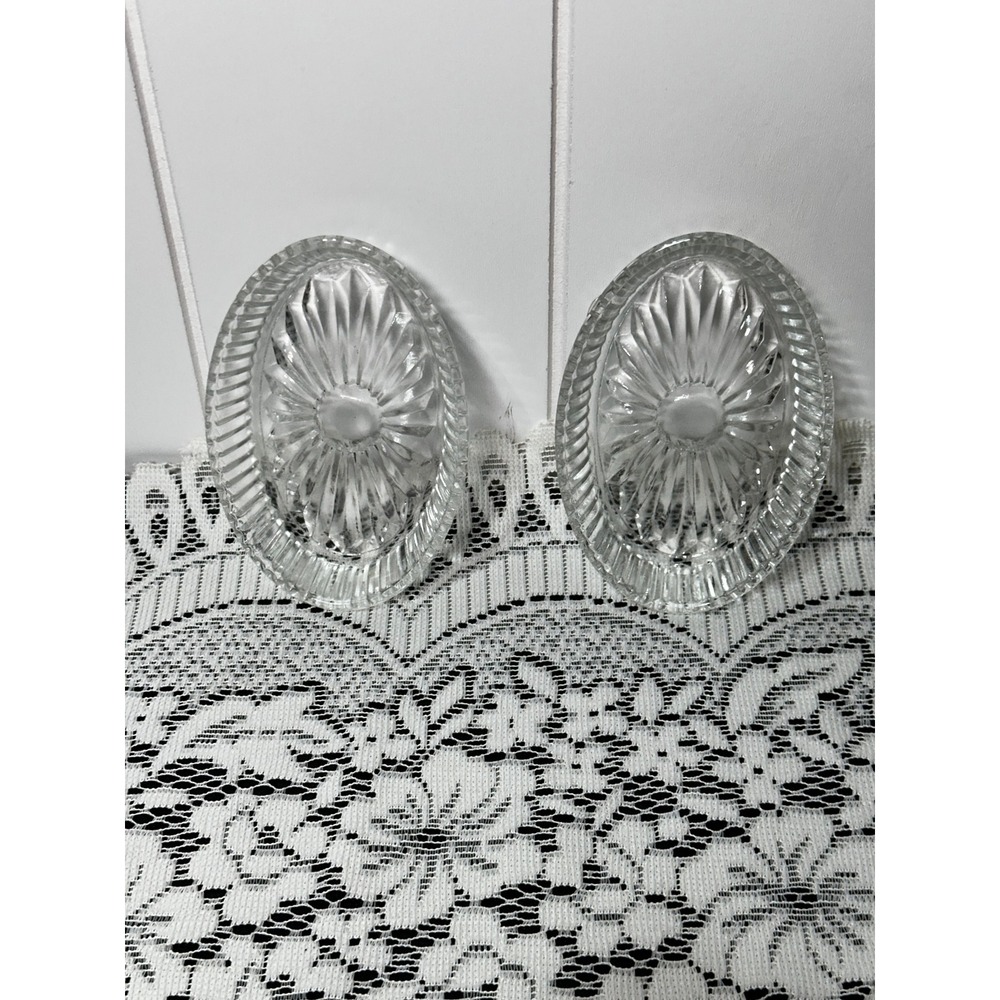 Vintage Oval Pressed Glass Salt Cellars Pair Sunburst Pattern Scalloped Rim 2pc